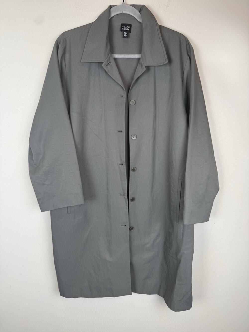 Eileen Fisher Light Cotton Nylon Stand Collar Gray Trench Coat Buttons Sz Large